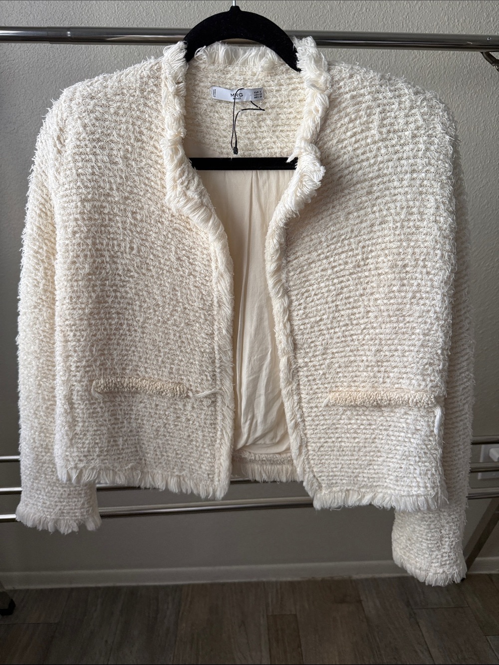 Mango Cream Bouclé Frayed-Trim Open Jacket